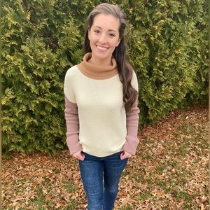 Boutique knit color block turtleneck pullover